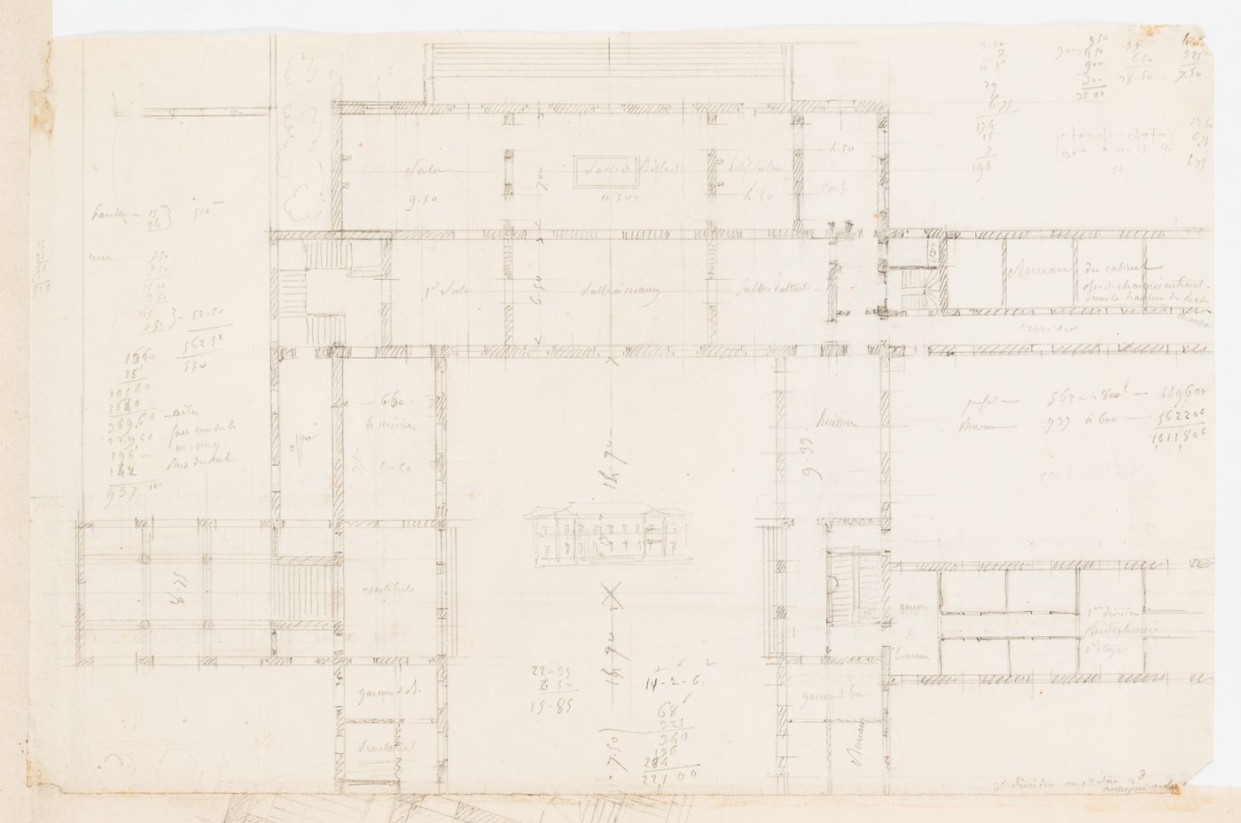 Project for alterations to the Préfecture de police, rue de Jérusalem, Paris: Partial sketch plan showing the principal entrance; verso: Project for alterations to the Préfecture de police, rue de Jérusalem, Paris: Profiles for the site contours