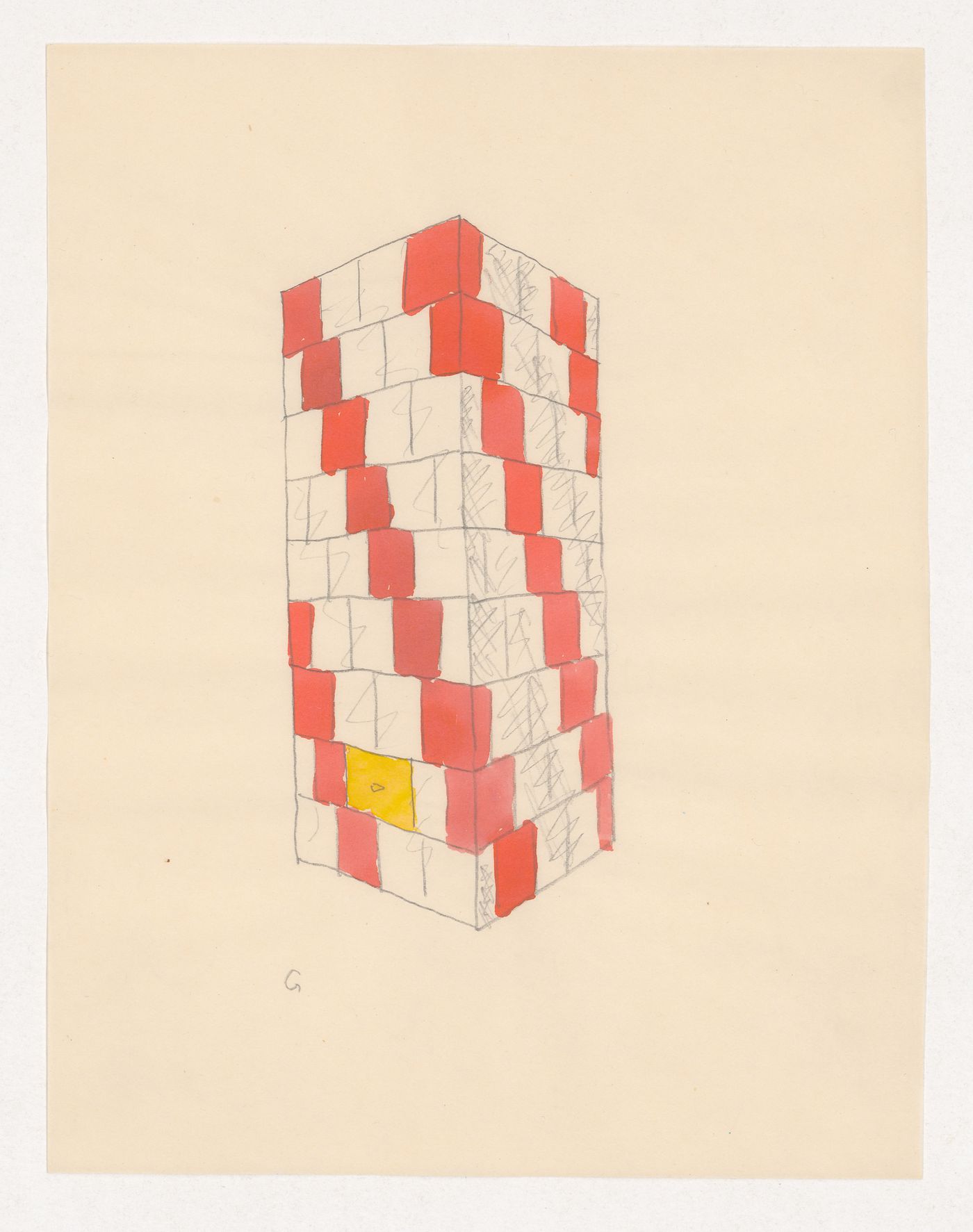 Perspective sketch for a tiled stove decorated with a red geometric pattern
