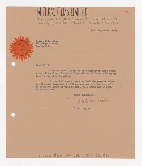 Letter from E. Shirley Ward of Mithras Films Unlimited to Cedric Price