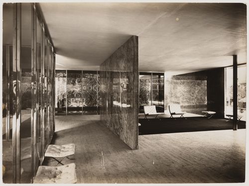 Interior view of the German Pavilion at the Barcelona International Exposition of 1929-1930 showing Barcelona chairs, Spain