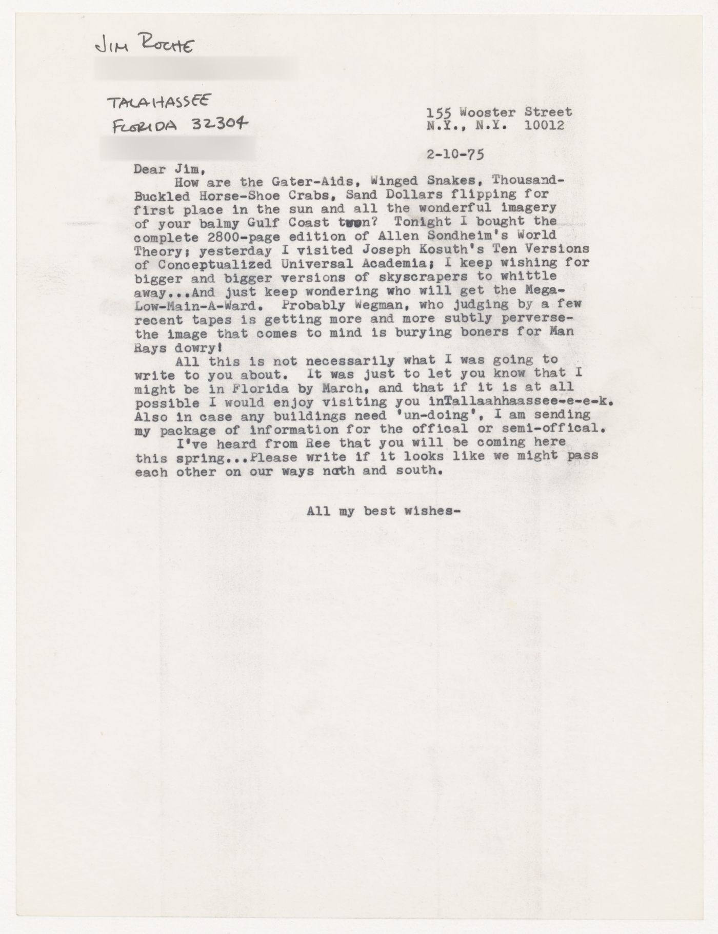 Letter from Gordon Matta-Clark to Jim Roche