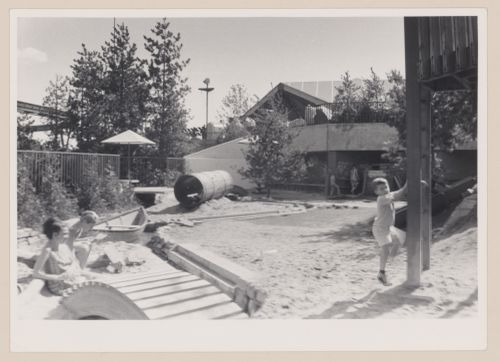 View of upper sand area of Children's Creative Centre Playground, Canadian Federal Pavilion, Expo '67, Montréal, Québec