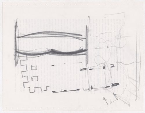 Sketch for the lattice roof, sketch elevations for columns E and D, a sketch plan for the pavilion and doodles for the E,D,E,N, Pavilion, Rheinfelden, Switzerland
