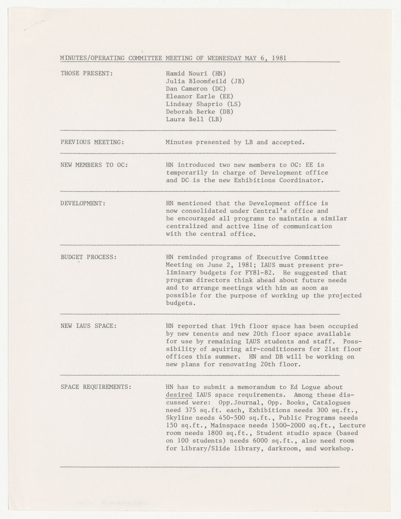Minutes of meeting of the Operating Committee
