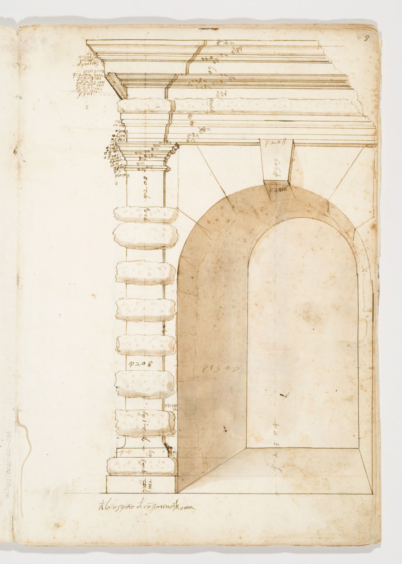 Elevation of a rusticated Tuscan pilaster and entablature and perspective view of the substructure of the Claudianum, Rome.