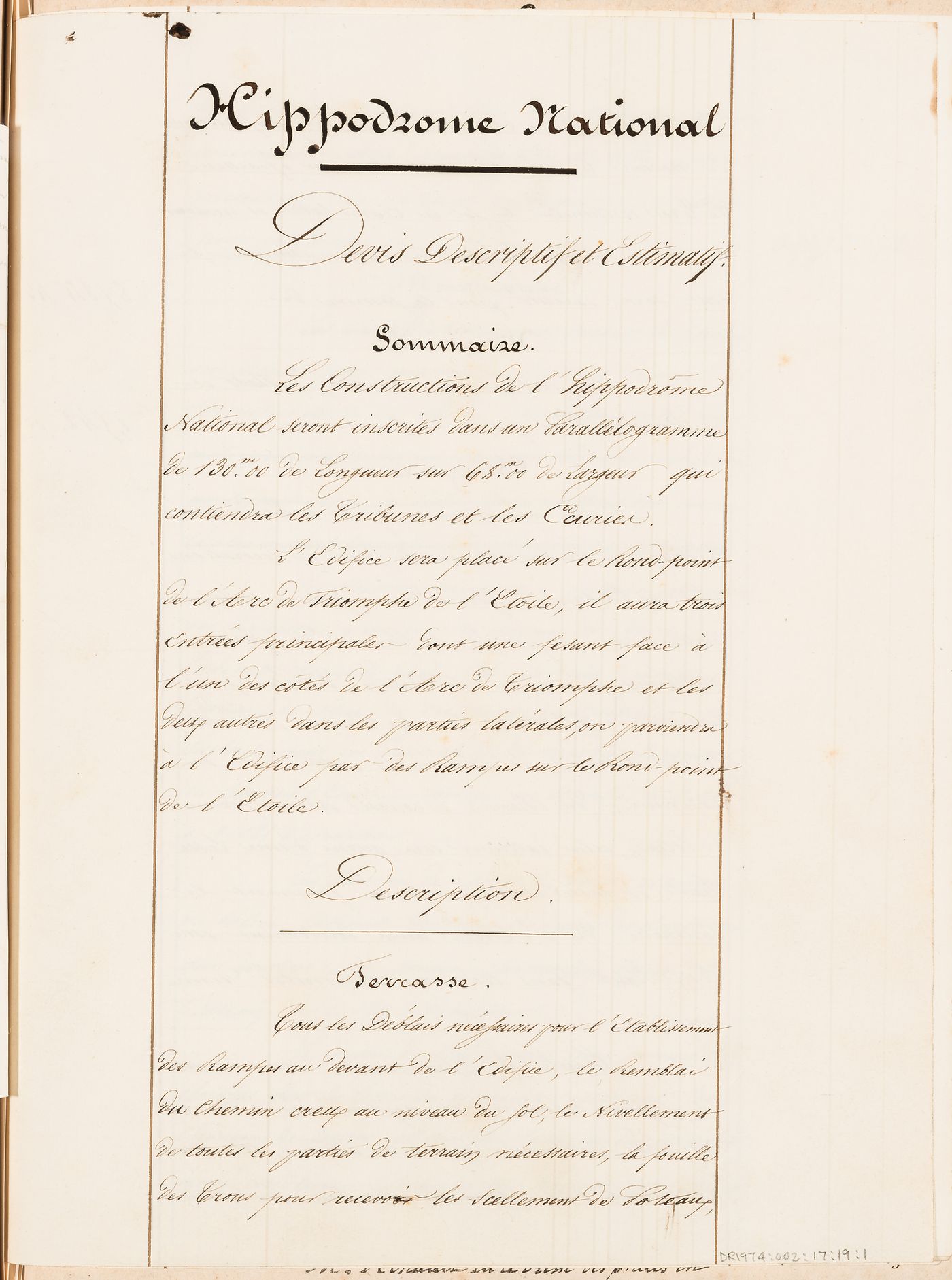 Hippodrome national, Paris: Description and cost estimate