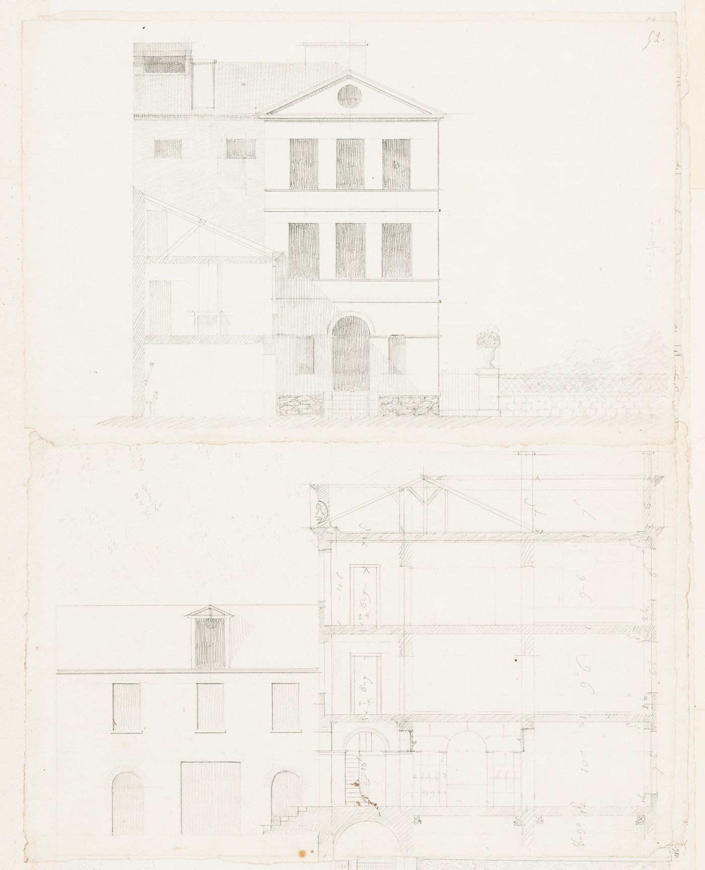 Rohault de Fleury House, 12-14 rue d'Aguesseau, Paris: Sectional elevation for the entrance façade