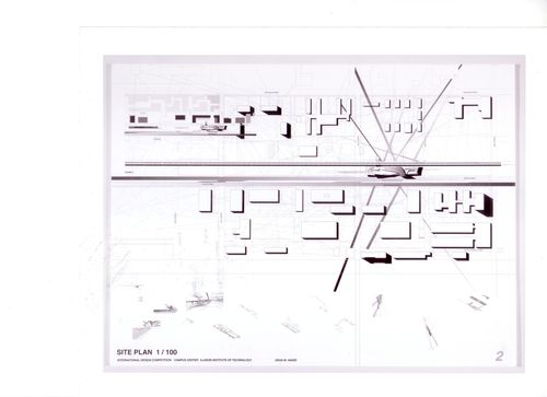 Axonometric view of site, submission to the Richard H. Driehaus Foundation International Design Competition for a new campus center (1997-98), Illinois Institute of Technology, Chicago, Illinois