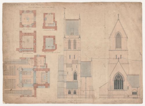 Contract drawing of the south and east elevations and plans of the chancel, tower and vestry for the church of St. Matthias, Stoke Newington, London