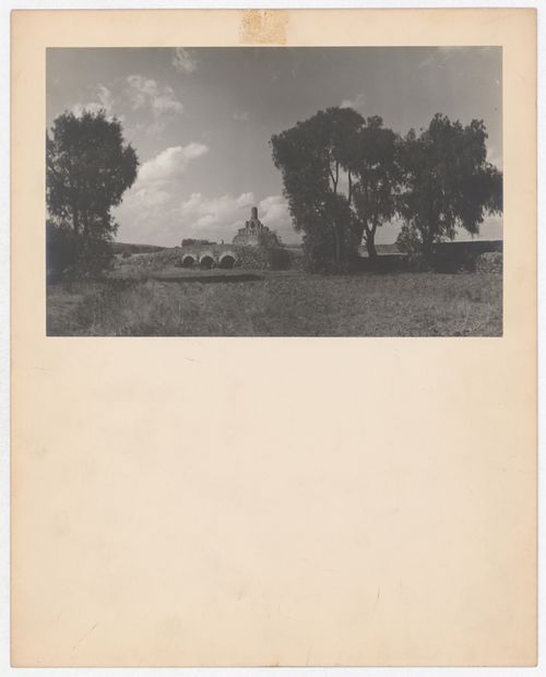 Distant view of a bridge, near the old Texcoco-Zumpango causeway [?], Mexico