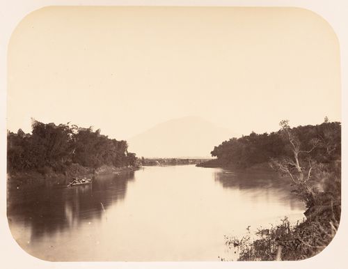 View of the Solo River showing Mount Lawu in the distance, Solo (now also known as Surakarta), Dutch East Indies (now Indonesia)