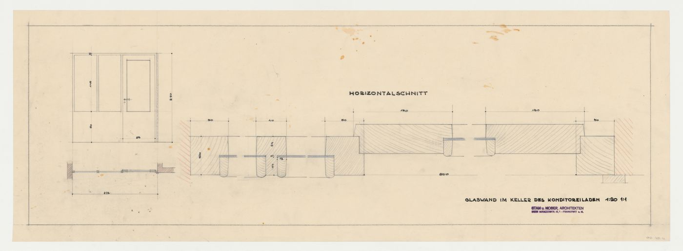 Plan, elevation, and section for a glass wall for the basement of a confectionery, probably for Hellerhof Housing Estate, Frankfurt am Main, Germany