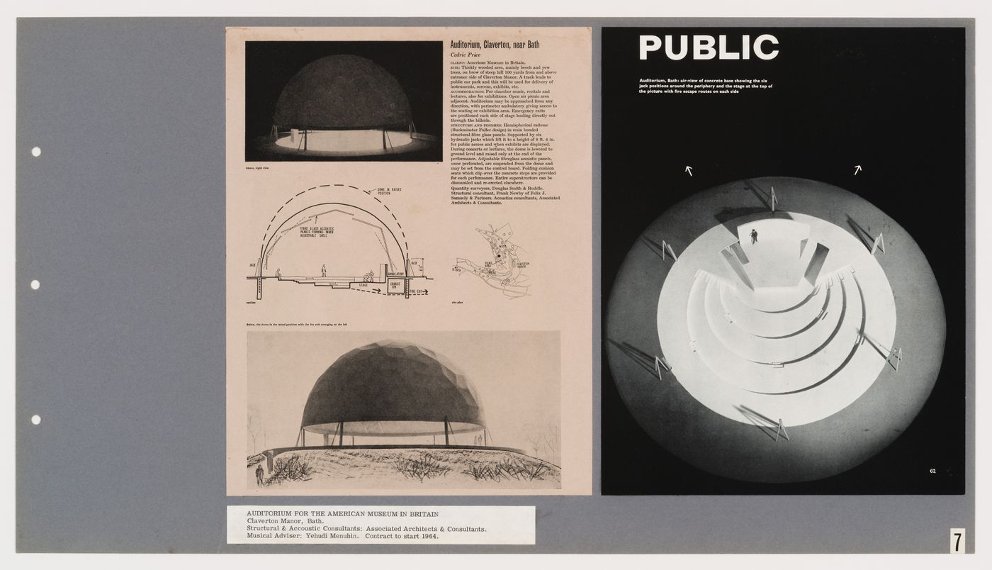 National Theatre and Opera House competition: presentation board showing Auditorium for the American Museum in Britain, Claverton Manor, Bath, England
