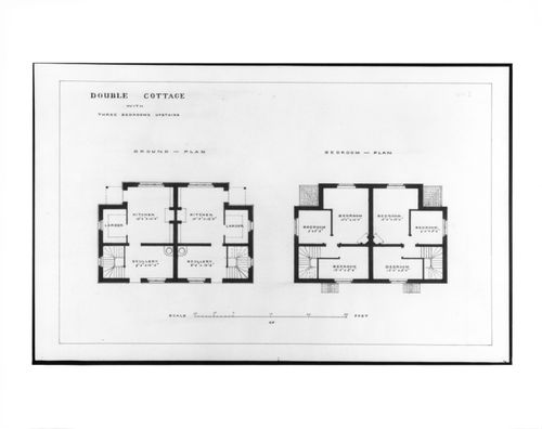 Ground and first floor plans for a double cottage with three bedrooms, Estate of Charleville Castle, Tullamore, County Offaly, Ireland