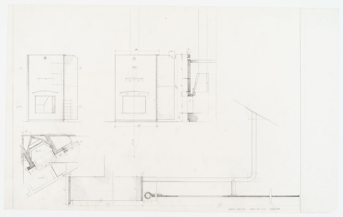 Plan, elevation and section of the chimney for Casa Frea, Milan, Italy