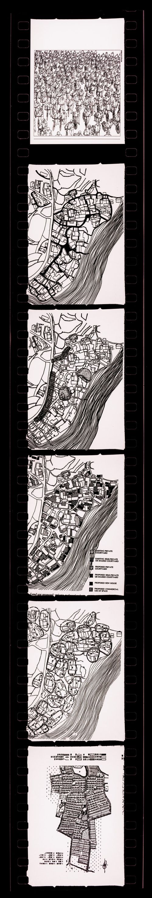 Negative strip of illustrations for the publication "Housing a Billion: Village Upgrading: Jianlu, China" publication