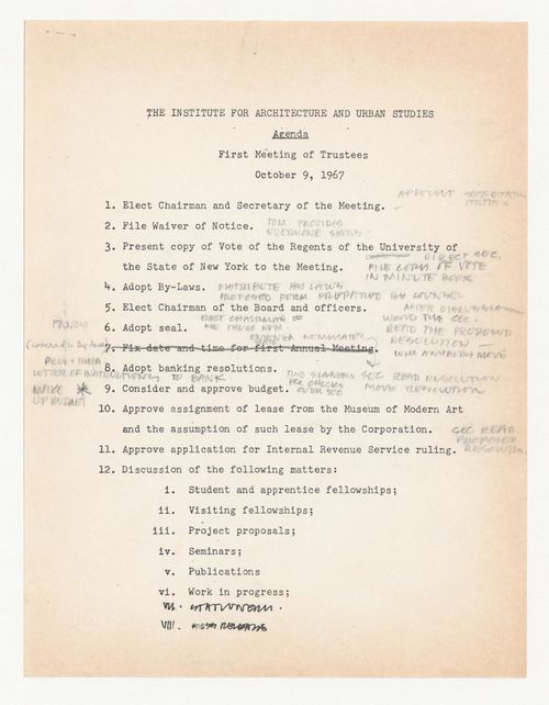 Agenda for first meeting of Trustees with annotations and corrections by Peter D. Eisenman