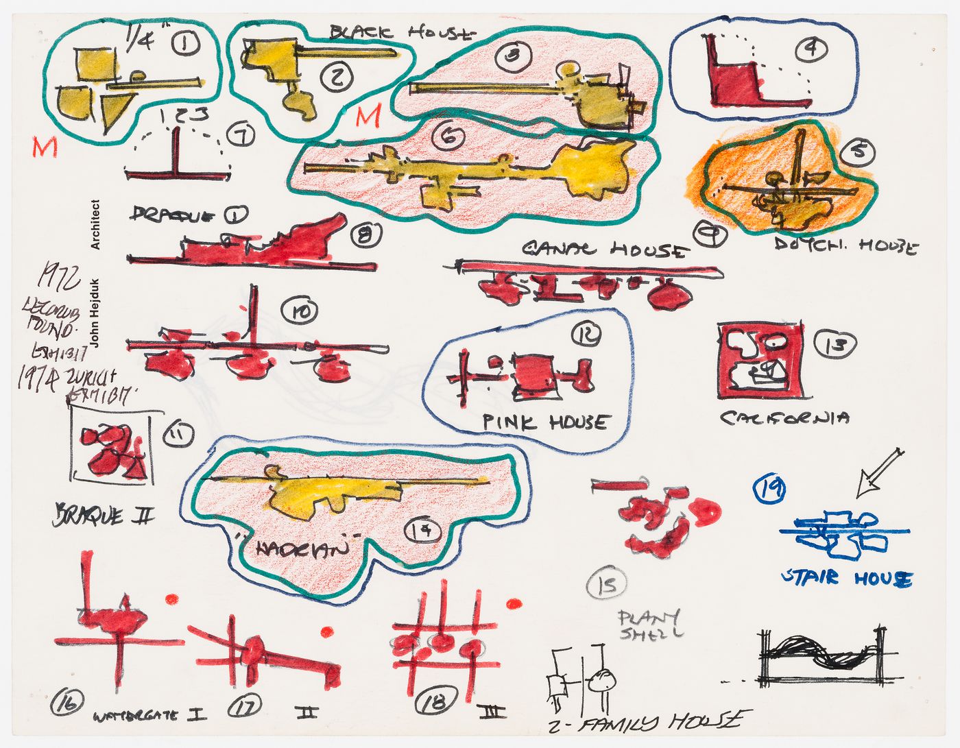 Numbered sketches for projects by John Hejduk