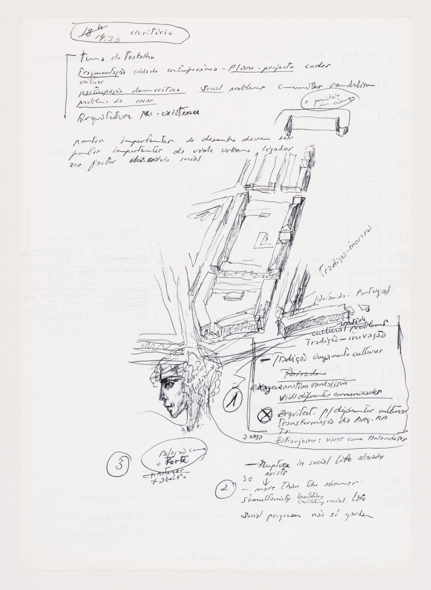 Sketch of neighbourhood block structure with notes on project brief, Punt en Komma, The Hague
