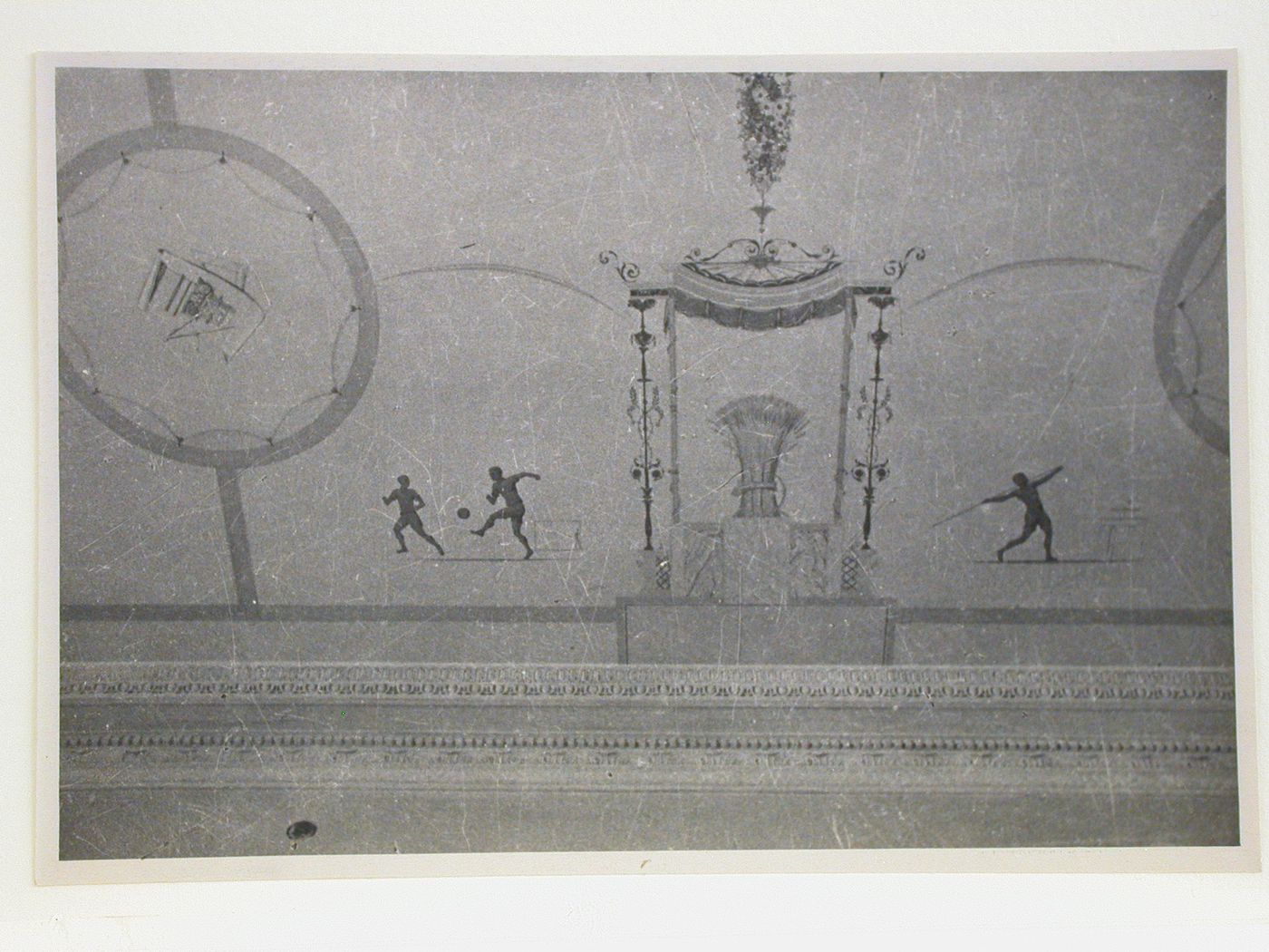 Interior view of an apartment showing a decorated ceiling, 16 Mokhovaia Street, Moscow