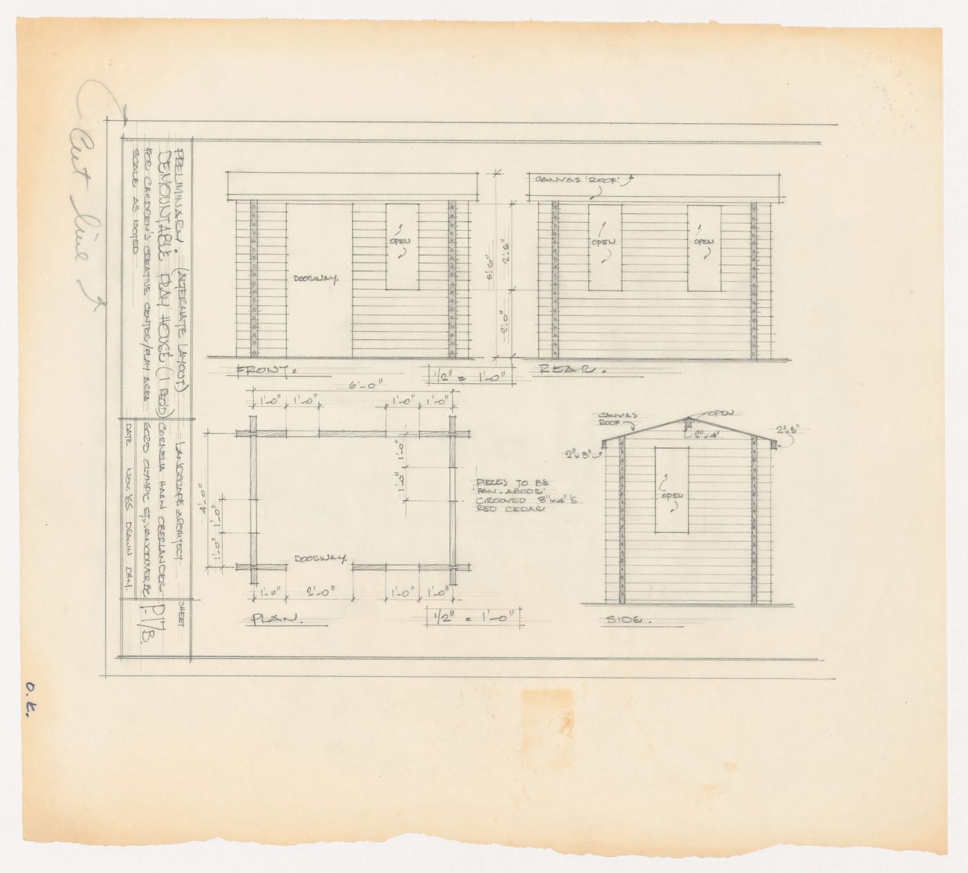 Plan and elevations for demountable play house for Children's Creative Centre Playground, Canadian Federal Pavilion, Expo '67, Montréal, Québec