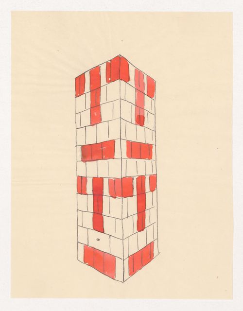 Perspective sketch for a tiled stove decorated with a red geometric pattern