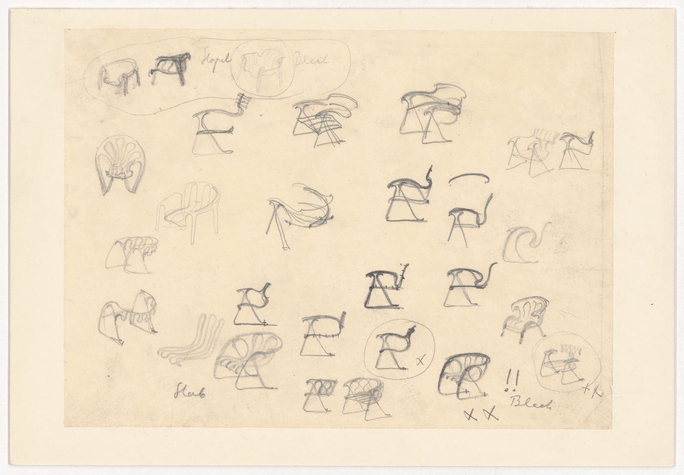 Twenty-eight sketches for chairs
