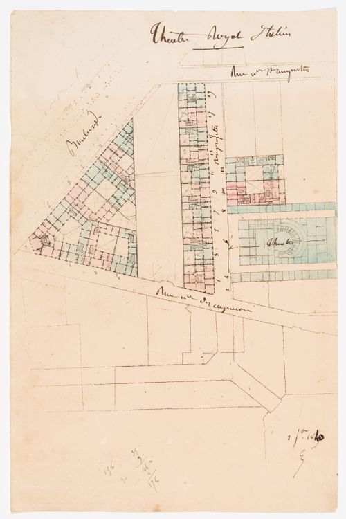 Site plan for an opera house and surrounding infrastructure for the Théâtre Royal Italien on the Ministère des Affaires Étrangères and the Hôtel du Timbre site