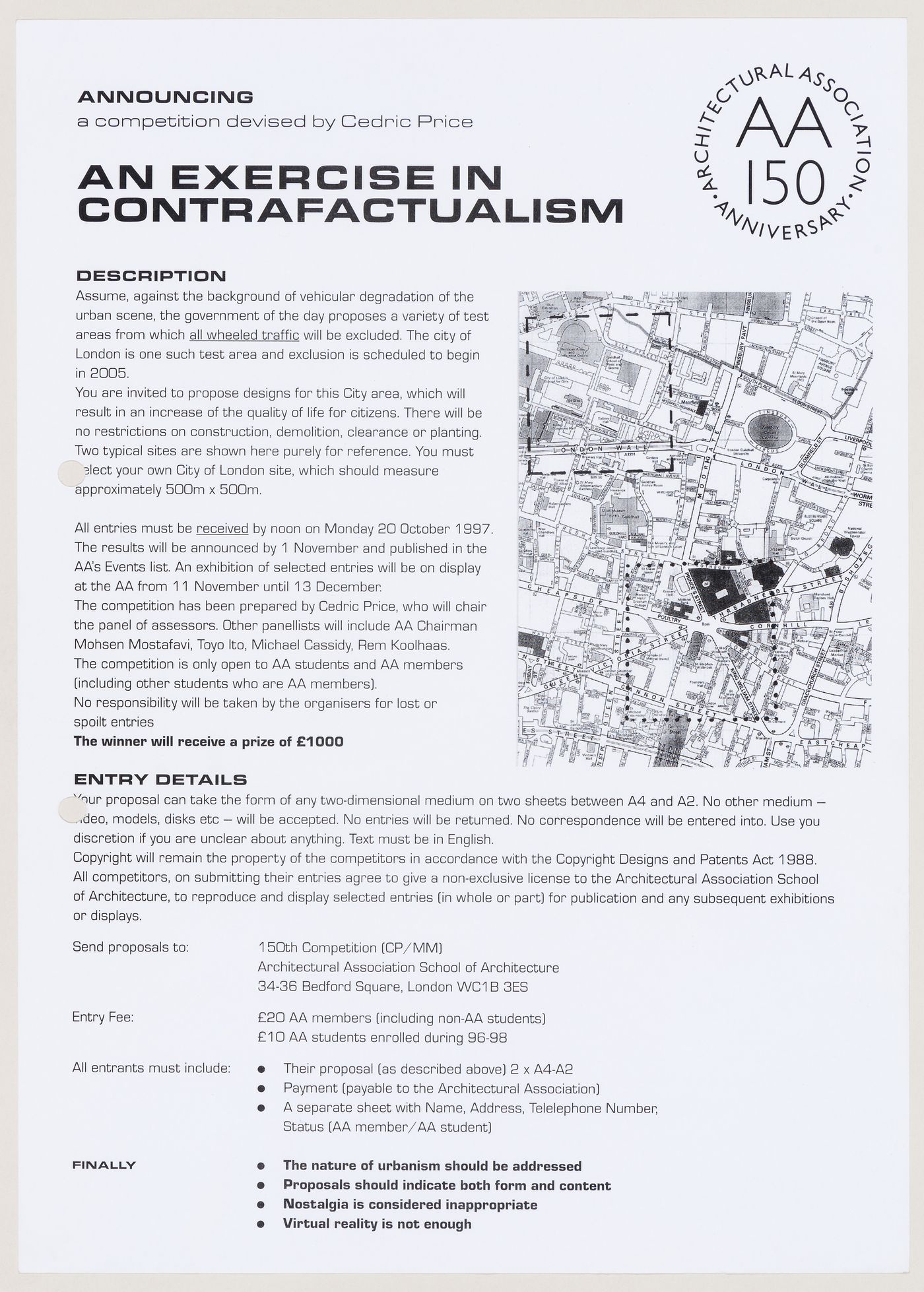 Announcement for a competition prepared by Cedric Price on the occasion of the 150th anniversary of the Architectural Association