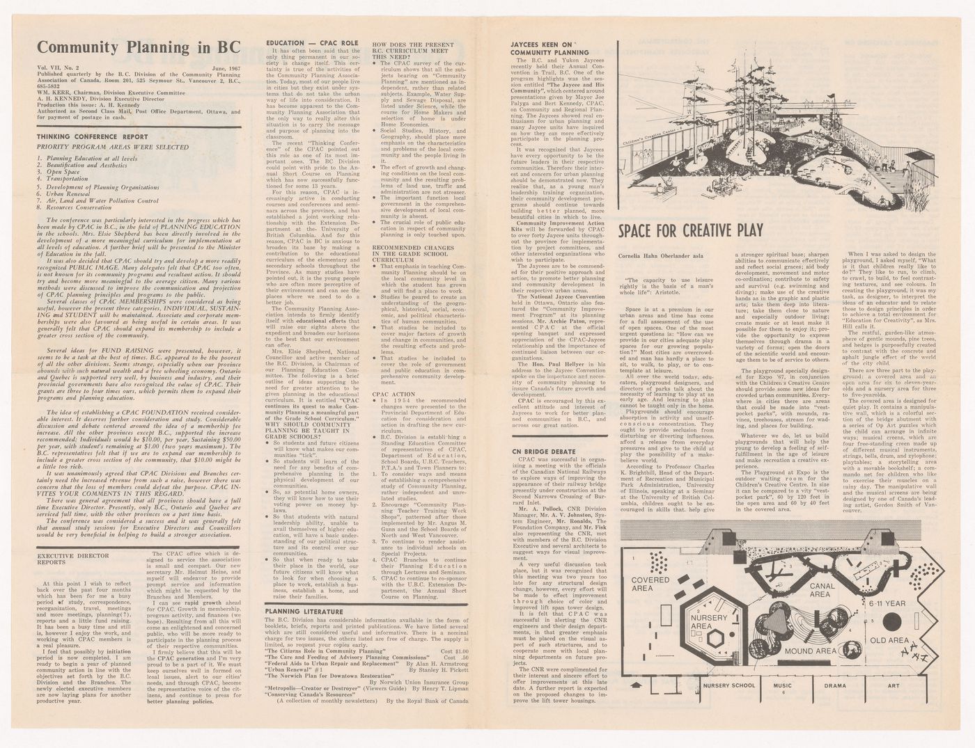 Issue of Community Planning in BC, including an article by Cornelia Hahn Oberlander on Children's Creative Centre Playground, Canadian Federal Pavilion, Expo '67, Montréal, Québec