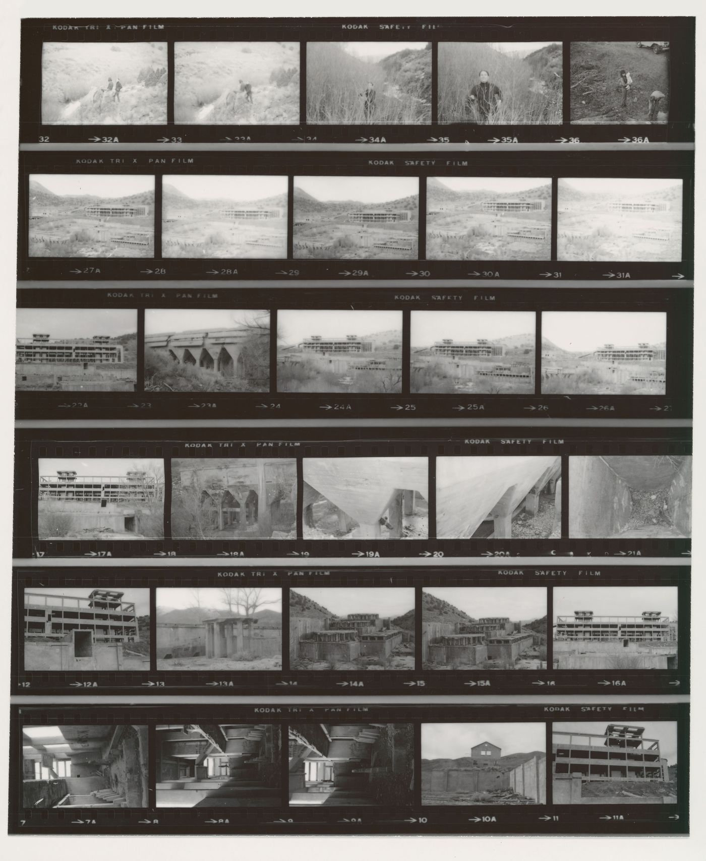 Contact sheet of people, derelict buildings and structures, Western United States