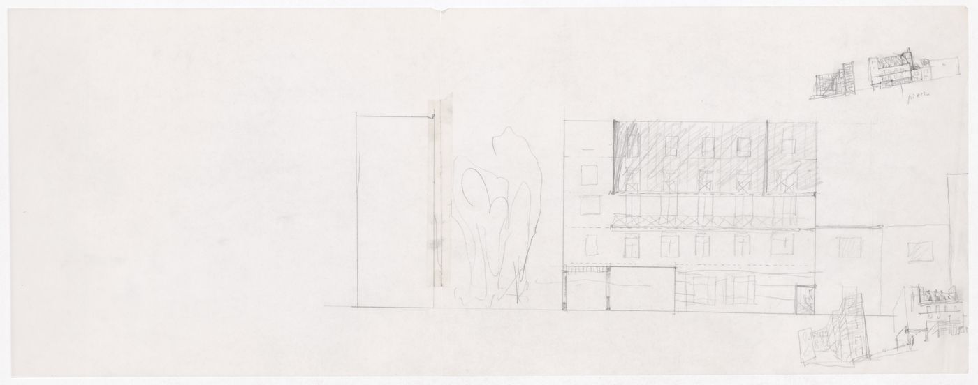 Sketch elevations and sketch perspective for Edificio de Habitaçäo Montreuil (Hamo), Montreuil, France
