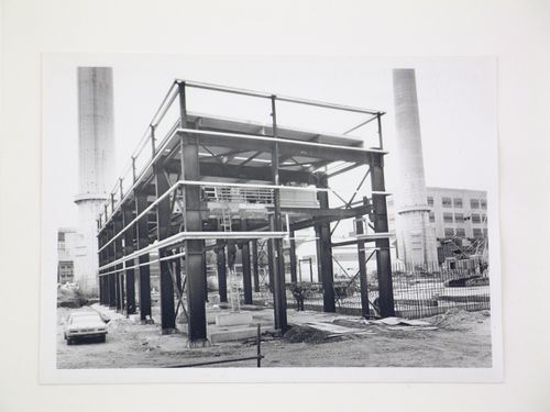 View of construction of steel structure for power station, United Kingdom