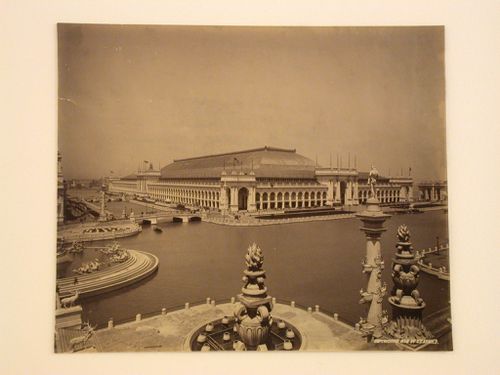 View of the south and west façades of the Manufactures and Liberal Arts Building from the roof of the Machinery Hall with the Columbian Fountain on the left and Grand Basin in the foreground, 1893 Chicago World's Columbian Exhibition, Chicago, Illinois