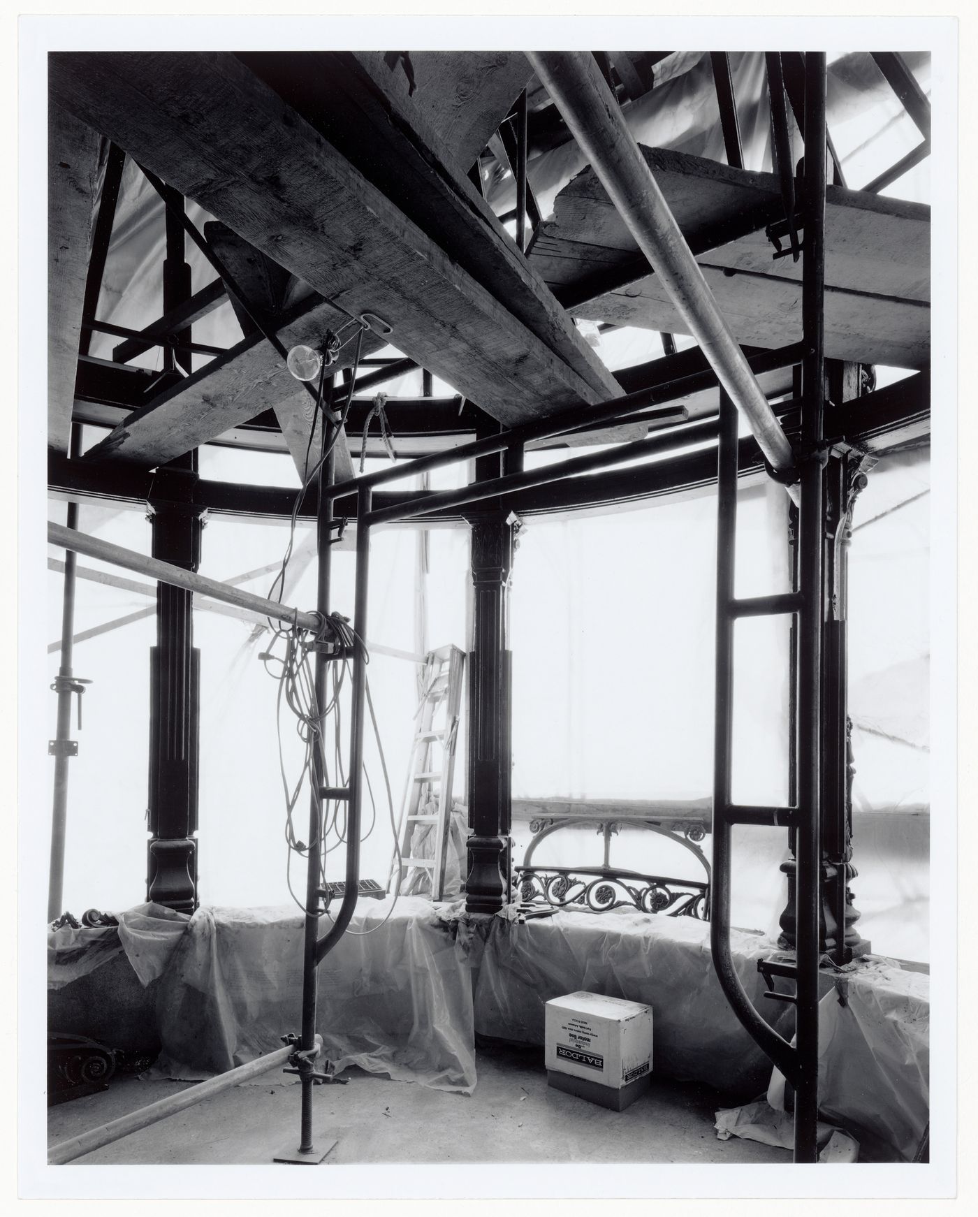 Interior view of the conservatory showing scaffolds, Shaughnessy House under renovation, Montréal, Québec