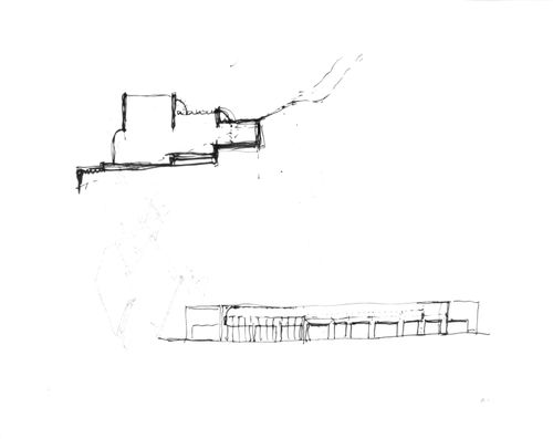 Ground floor plan study, advanced elevation with section set into hillside, bird eyes view perspective and elevation