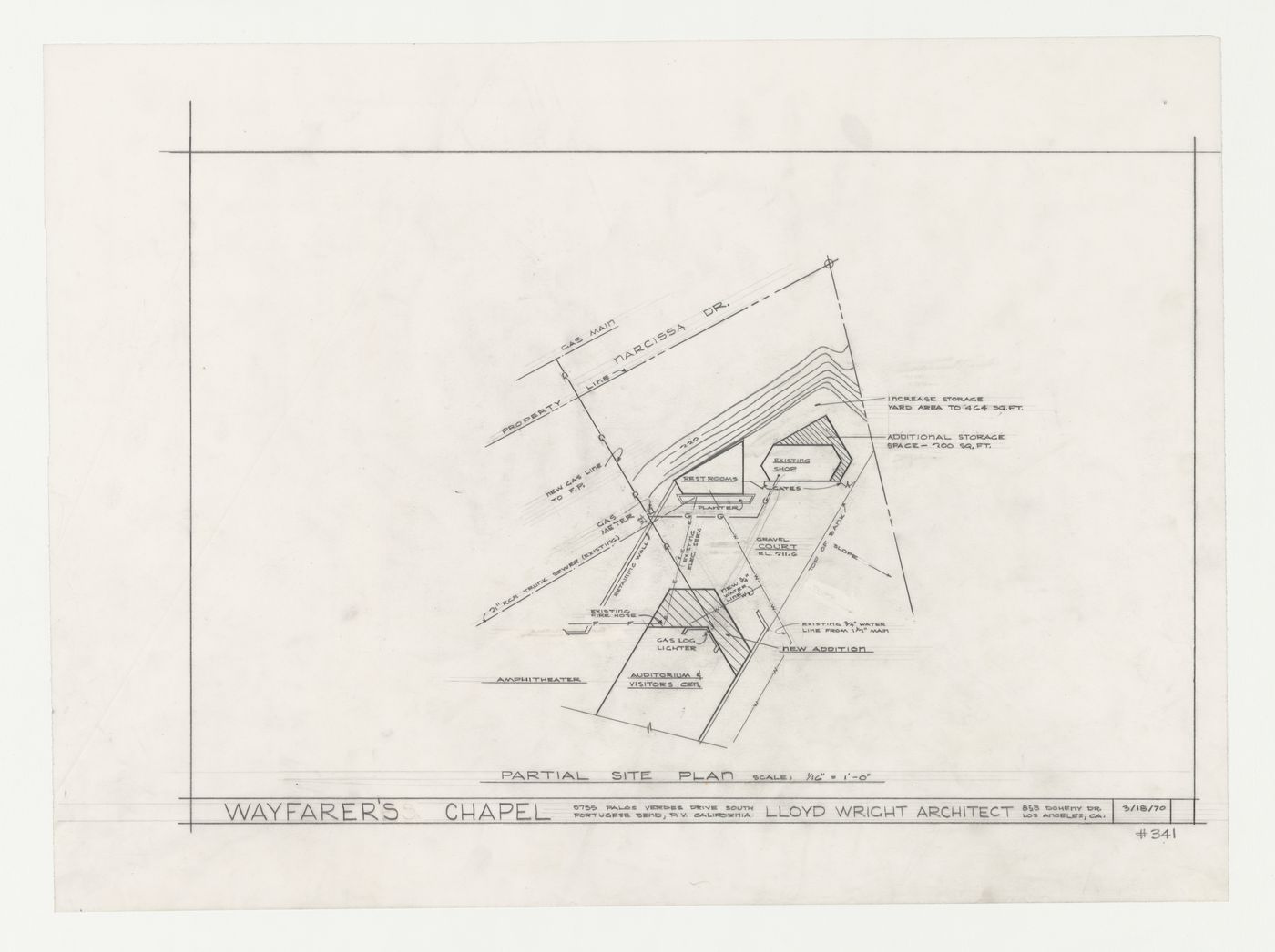 Wayfarers' Chapel, Palos Verdes, California: Partial site plan showing parish house with auditorium addition, rest rooms and work shed