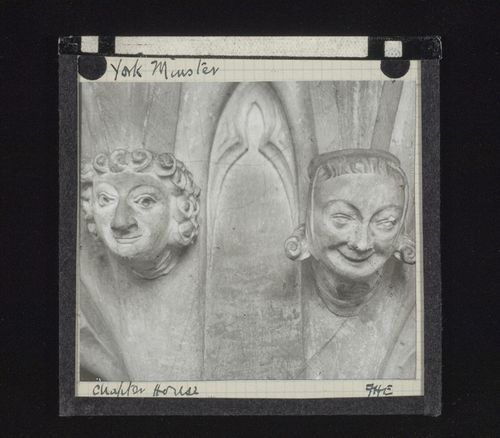 View of two sculptures of heads in Chapter House of York Minster, York, North Yorkshire, England