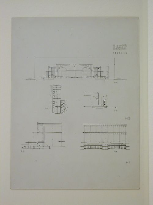 Photograph of sections for the final round of competition for a "synthetic theater" in Sverdlovsk, Soviet Union (now Ekaterinburg, Russia)