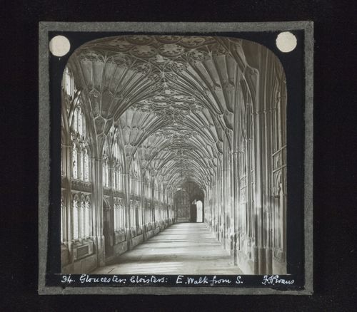 View of fan vaulting of east walk of cloisters of Gloucester Cathedral from south, Gloucester, Gloucestershire, England