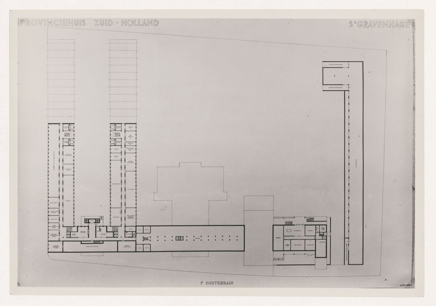 Photograph of a basement plan for the South Holland Local Government Headquarters, The Hague, Netherlands