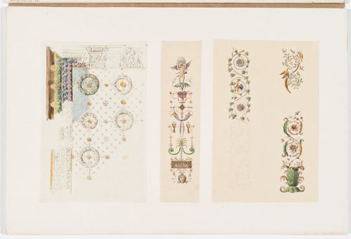 Ornament drawings of a panel decorated with foliage and wreaths, a vertical band decorated with grotesques, and three rinceaux