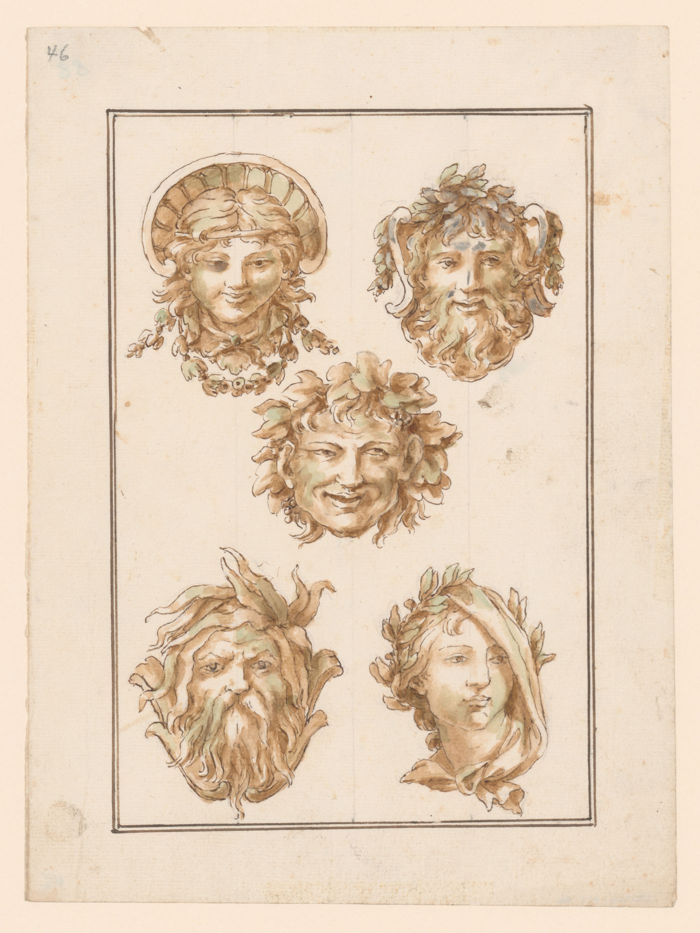 Studies for five ornamental masks