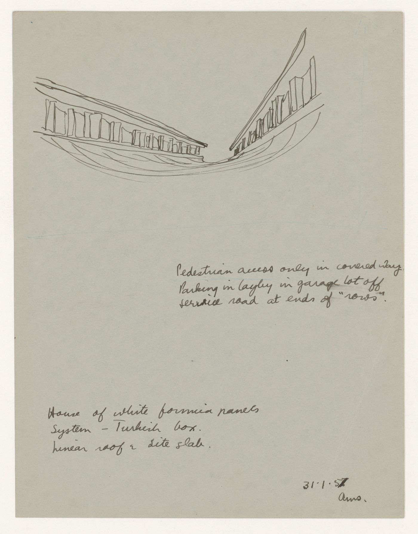 Exterior perspective with annotations for the Warite House