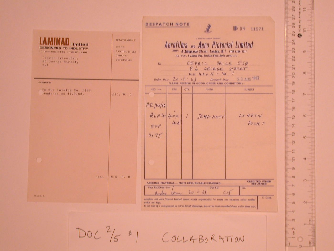 Supply delivery from Aerofilm and Aero Pictorial Limited to Cedric Price