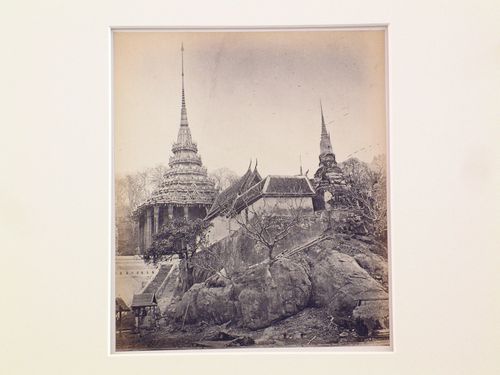 View of the mondop and other structures at Phra Phutthabat (also known as Wat Phraphutthabatratchaworamahawihan), Saraburi (also known as Srapuri), Saraburi Province, Siam (now Thailand)