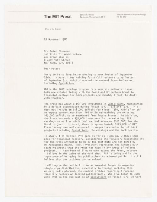 Letter from Frank Urbanowski to Peter D. Eisenman about financial status of Oppositions Journal