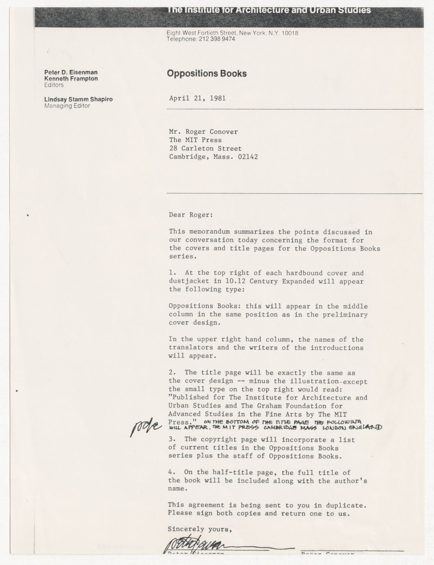 Agreement between Roger Conover and Peter D. Eisenman for format of Oppositions Books covers and title pages with annotations by Peter D. Eisenman