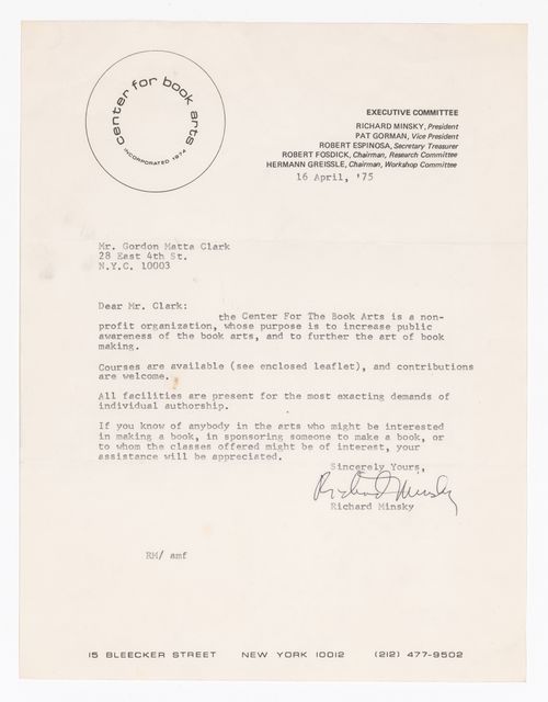 Letter from Richard Minsky to Gordon Matta-Clark