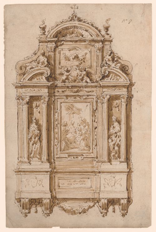 Sketch of an altarpiece with sculpted figures of Charity and Faith flanking an image of the Adoration of the Shepherds, a panel above with a representation of God the Father, and two putti holding a coat of arms.